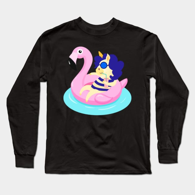 Unicorn with Flamingo Pool Float print Long Sleeve T-Shirt by Nulian Sanchez